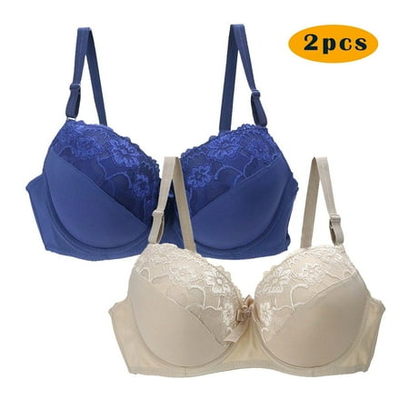 Pejock 2PCs Bra for Women No Underwire Lace Bralettes Sexy Lace Bra with Deep V Neck Everyday Comfort Padded Bras