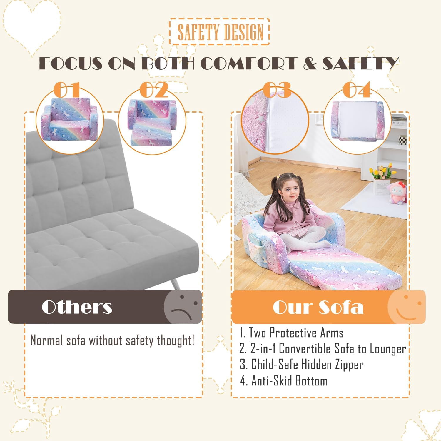 Toddler Baby Chair Couch Sofa for Kids Foldable 2-in-1 Fold Out Couch Bed Toddler Chairs Comfy for Boys & Girls Convertible Kids Furniture lounge chairs for Playroom with Double Pockets, Glowing Pink