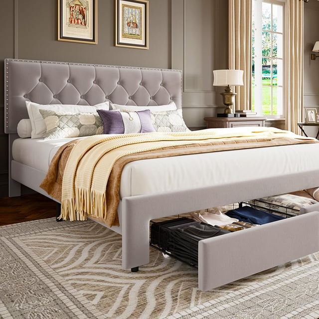 Upholstered Queen Bed Frame with 2 Storage Drawers, Velvet Platform Bed Frame with Button Tufted Rivets Headboard, Heavy Duty, No Box Spring Needed, Easy Assembly, Beige