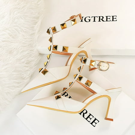 

Metal Rivet Ankle T-strap High Heels Chunky Heeled Pointe Toe Non Slip Sandals Women‘s Pumps