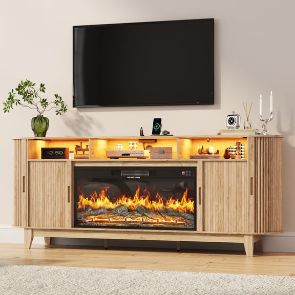 Blotout 81'' LED Fireplace TV Stand with 36'' Fireplace & Power Outlet for 85/90''TV, Modern Entertainment Center with Fluted Sliding Door & Curved Side Cabinets, Wooden Media Console for Living Room