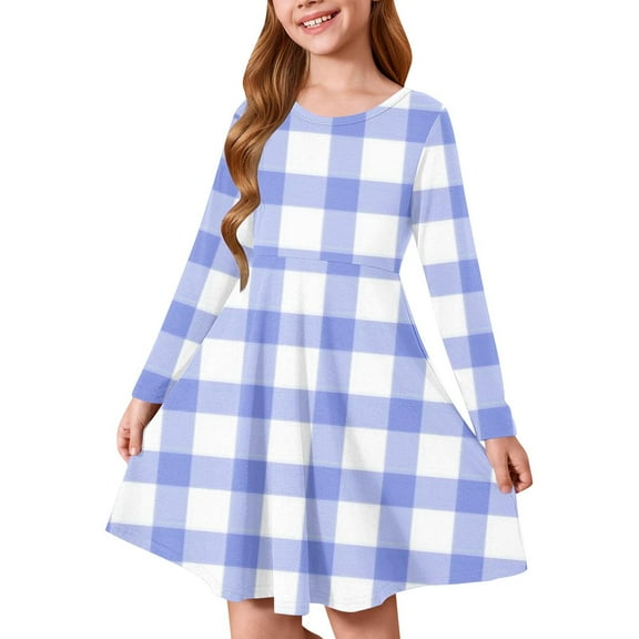NAISIBABY A-Line Dress for Girls, Long Sleeve Elastic Soft Plaid Training Dance Ballet Midi Dress Blue 7-8T