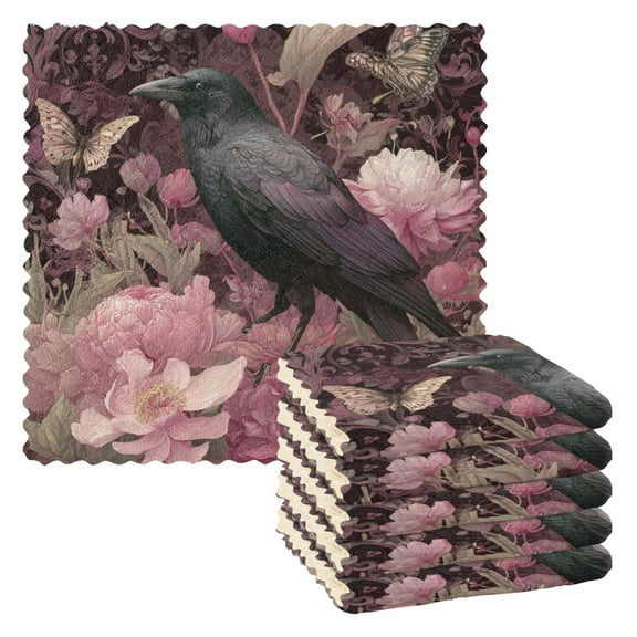 Qxltty Peony Crow Kitchen Towels Set of 6 Ultra Soft Absorbent Quick Drying Dish Cloths 11 x 11in
