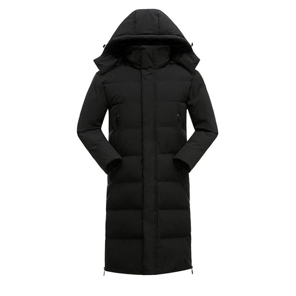 Men's Long Puffer Jacket Thicken Long Sleeved Parka Waterproof Winter Coat Insulated Outerwear with Removable Hood Black 2XL