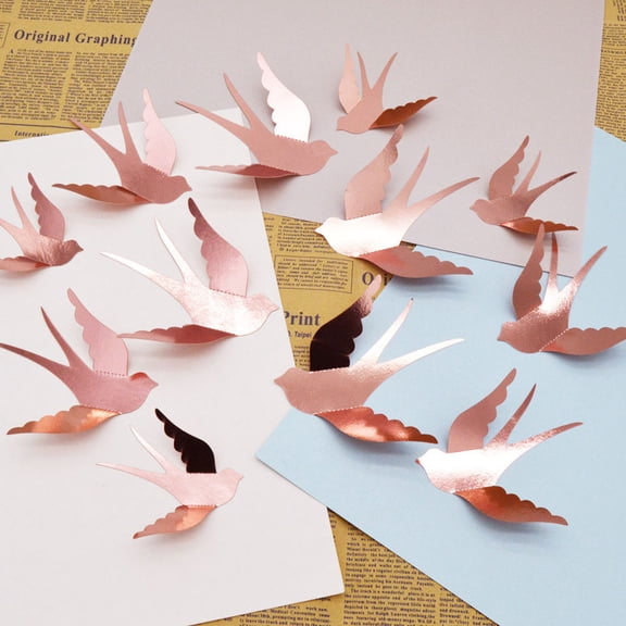 HONITANO 36Pcs 3D Swallow Wall Art Ornaments Rosy Paper Metal for Aesthetic Wall Decor Homeowners Event Organizers