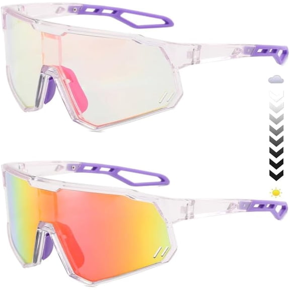 Men's and women's photochromic bicycle glasses, outdoor sports cycling glasses, mountain dazzling color changing sunglasses (9965P transparent red film)