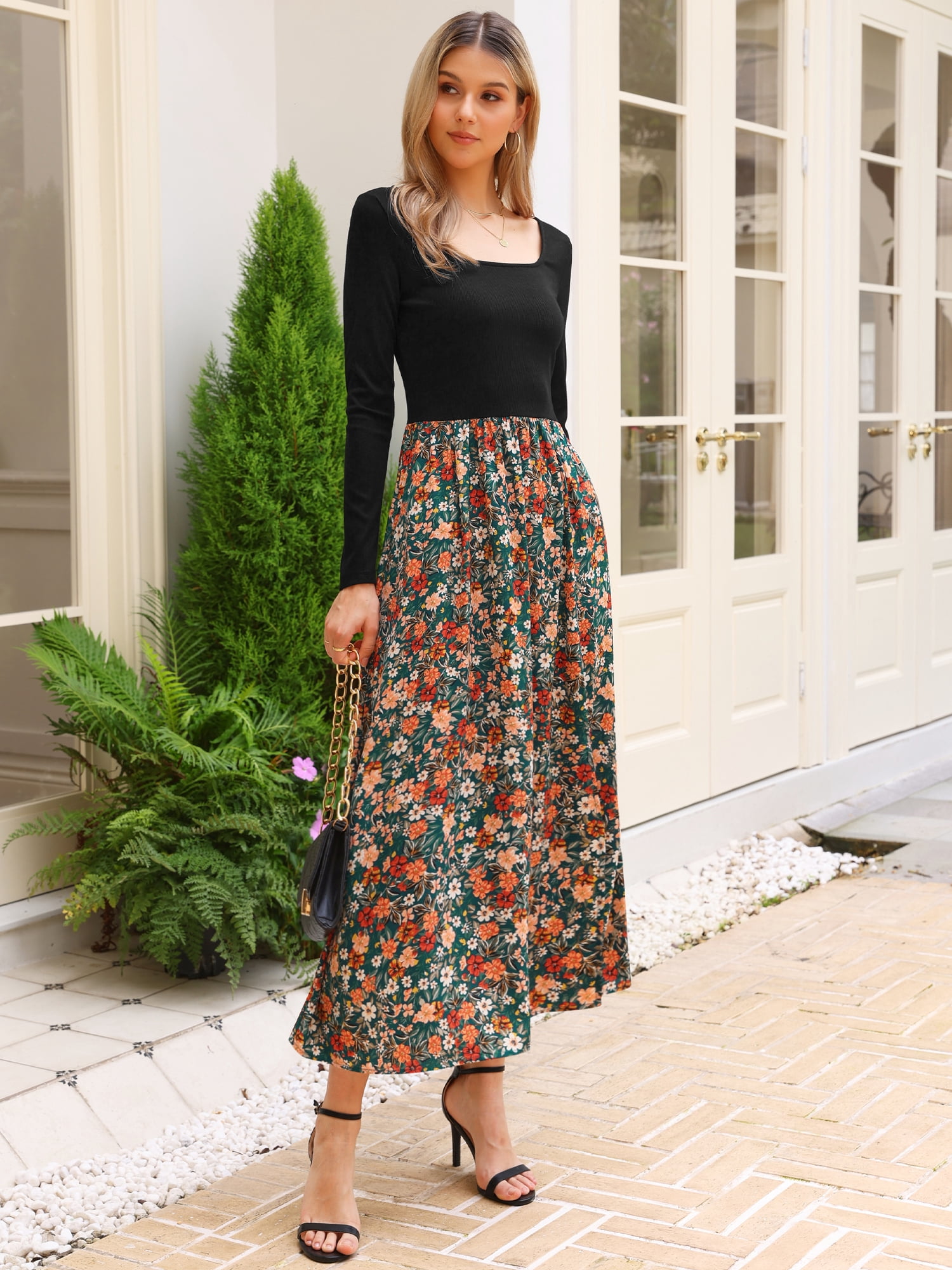DARING DIVA Women's Maxi Long Sleeve Flowy Vintage Casual Floral Dress L Black Green