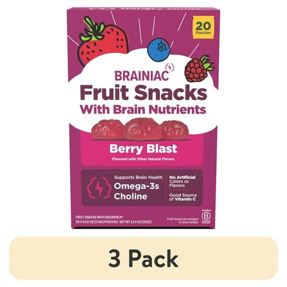 (3 pack) Brainiac Fruit Snacks with BrainPack, Mixed Berry Flavor, 20 Count