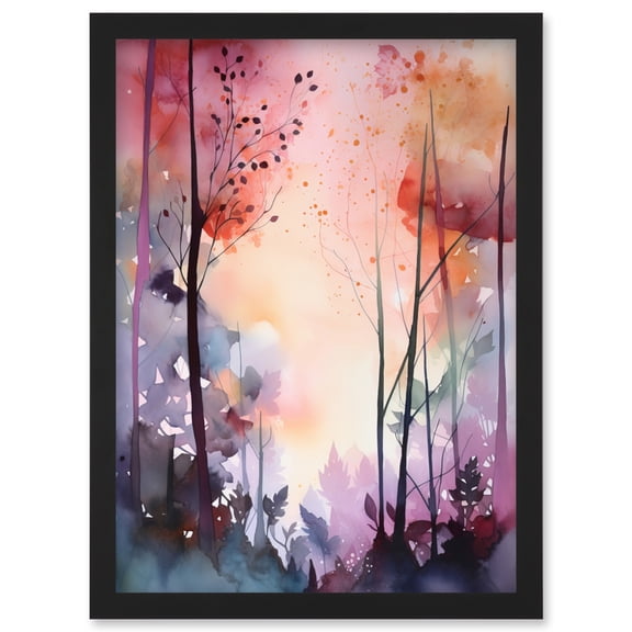 Ethereal Misty Autumn Forest Landscape at Dawn Modern Watercolour Painting Artwork Framed Wall Art Print A4