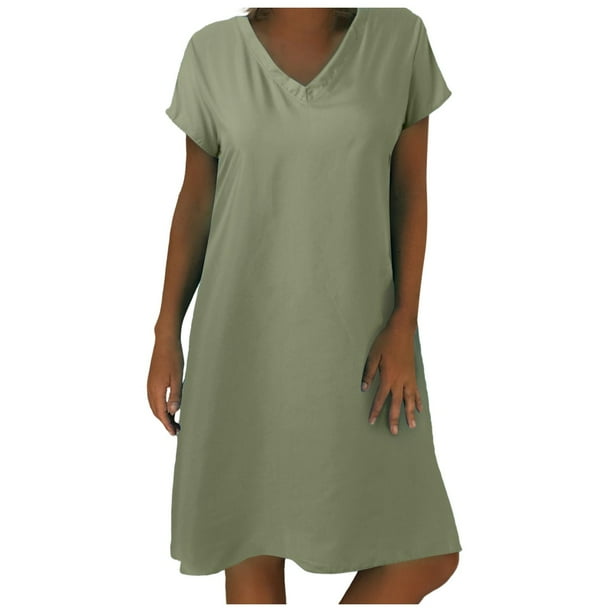 Vestido midi de lino con cuello en V y manga corta para mujer - Ropa informal de playa - Poliéster y spandex - Tallas S-XXL