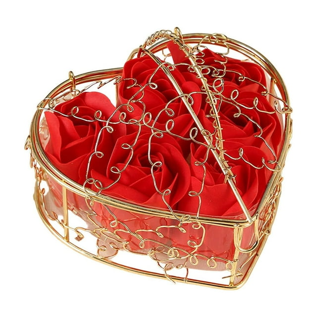 Decoraciones para San Valentín, adornos para San Valentín, regalos para San Valentín, cesta de hierro con rosas y flores de jabón, decoración para el ambiente de San Valentín, regalo, 6 adornos de flo