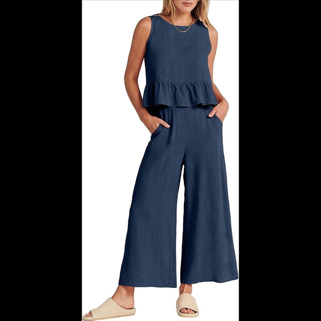 Conjunto de Chaleco Informal Sin Mangas con Cuello Redondo Plisado y Pantalones Cortos de Pierna para Mujer, Azul Marino, Talla S