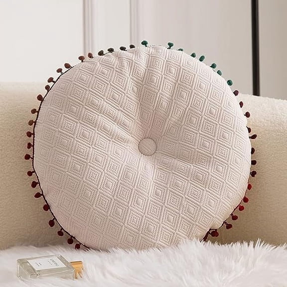 NAMZI Geometric Pattern Soft Round Chair Pad with Gradient Pom Pom Chair Cushion Garden Patio Home Kitchen Office Seat Cushion (White,Diameter 16")