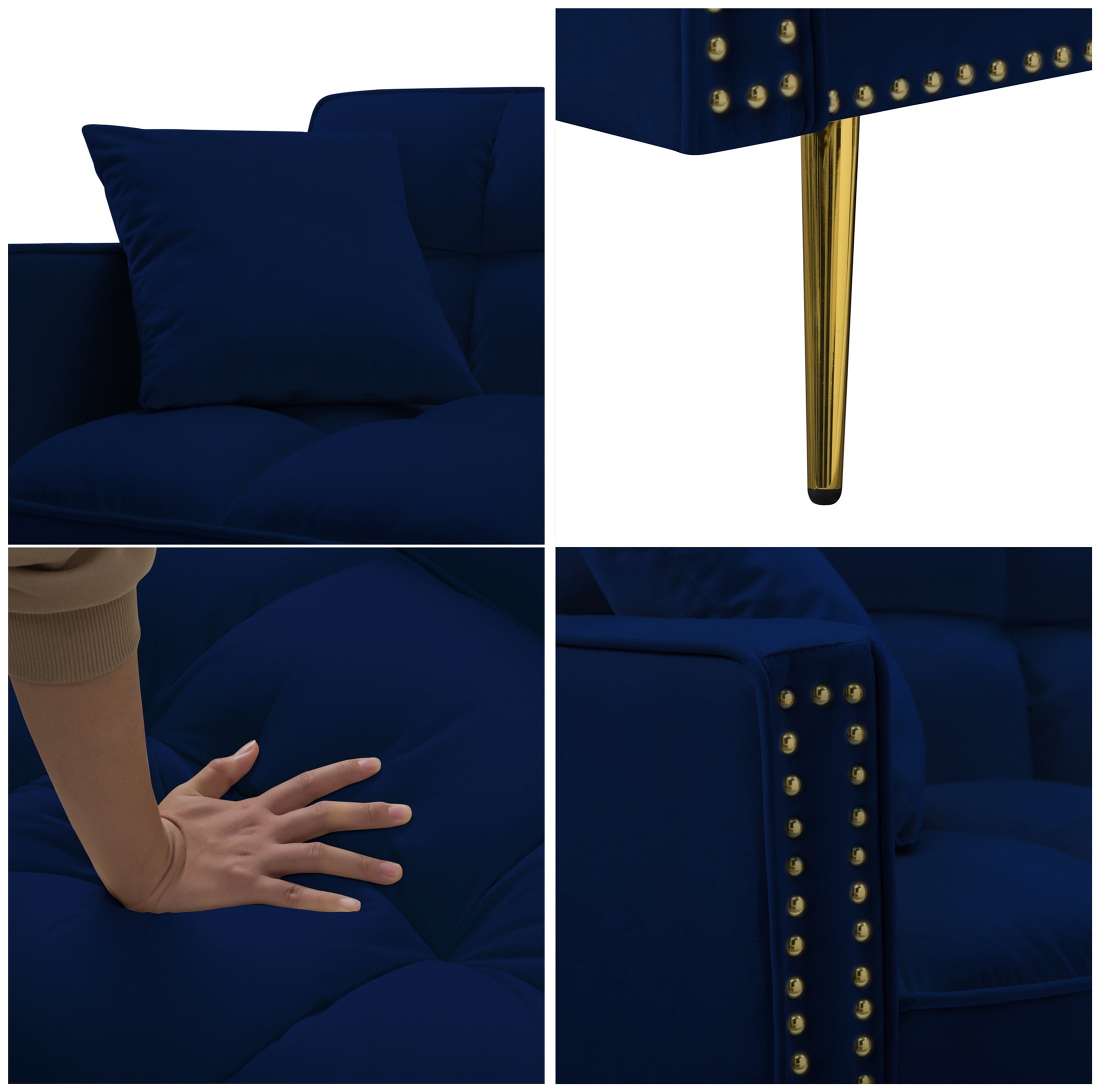 Aukfa 108" Living Room Sectional Sofa Bed, Velvet Sleeper Sofa, Nailhead Decor, 2 Pillows, Blue