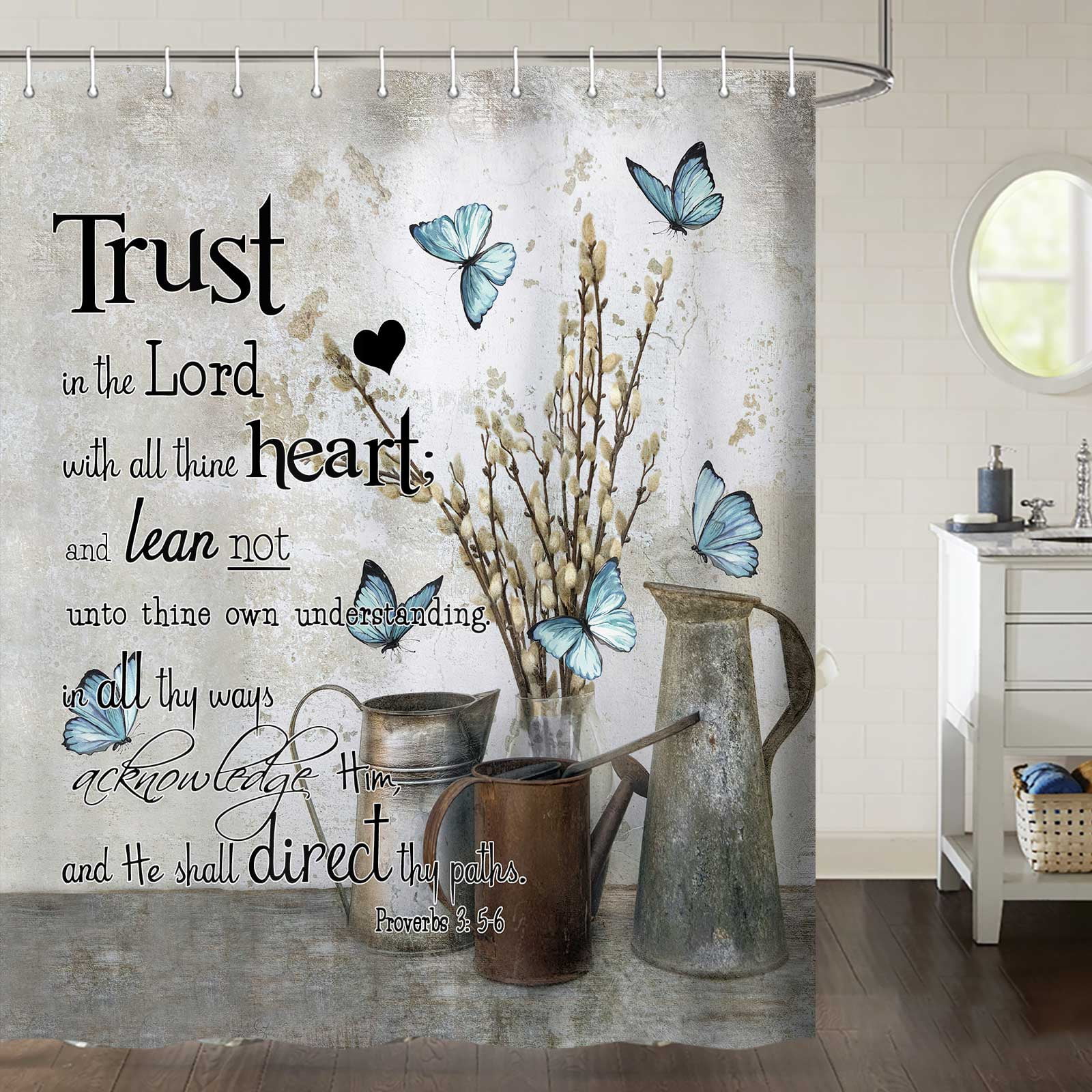 Inspirational Quotes Shower Curtain, Rustic Country Blue Butterfly
