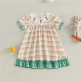 thumbnail image 2 of vigerkar Toddler Girl Easter Outfit Bunny/Carrot Embroidery Plaid Print Short Puff Sleeve Ruffle Hem Dress Spring Clothes (Green, 3-4 Years), 2 of 6