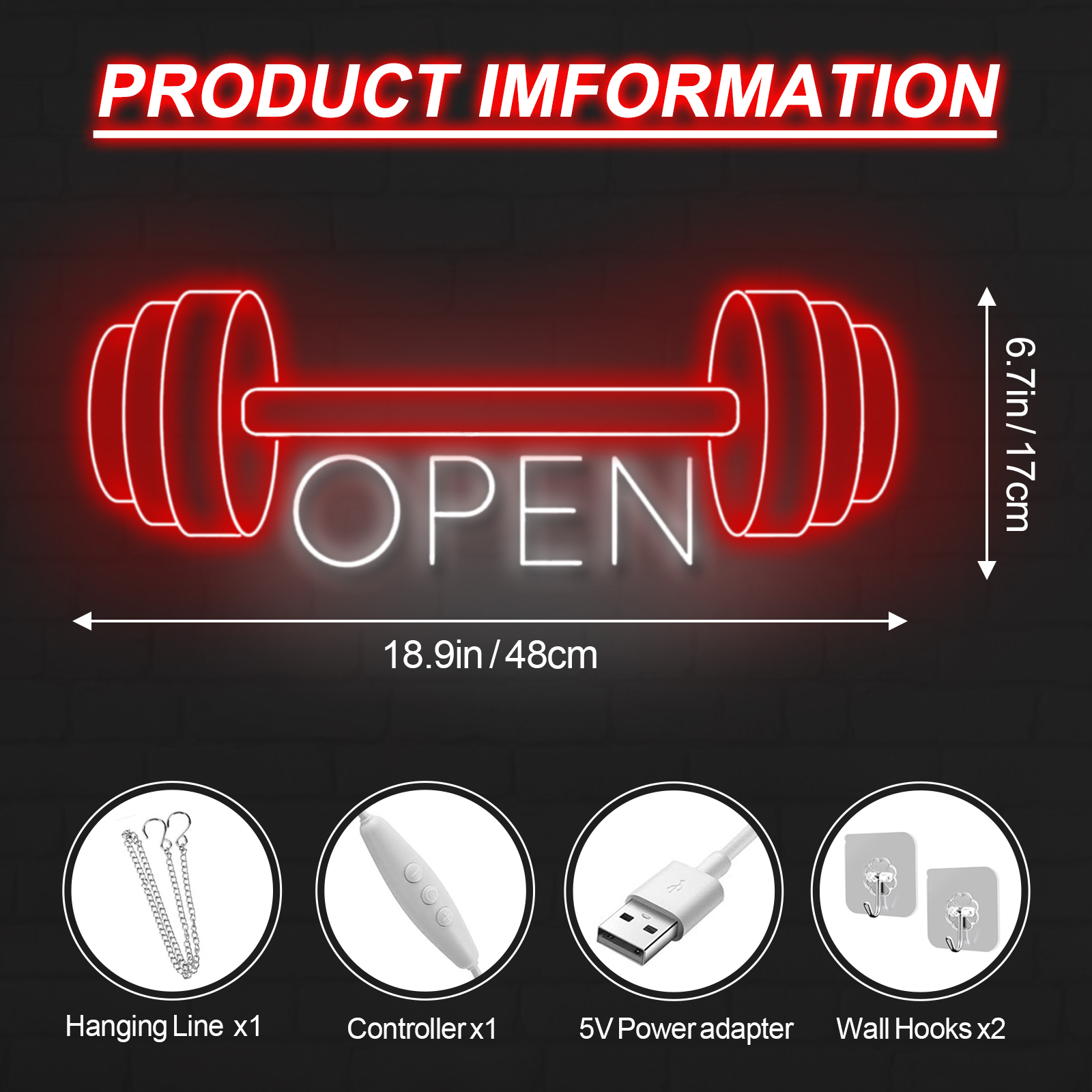 Red Gym Fitness Open Neon Sign, Gym open Led Sign, Weightlifting Led Light, Barbell Neon Light, gym Open Wall Art Decor, House Wall Signs Decor for Business Window Open Signs, Fitness Club Decor