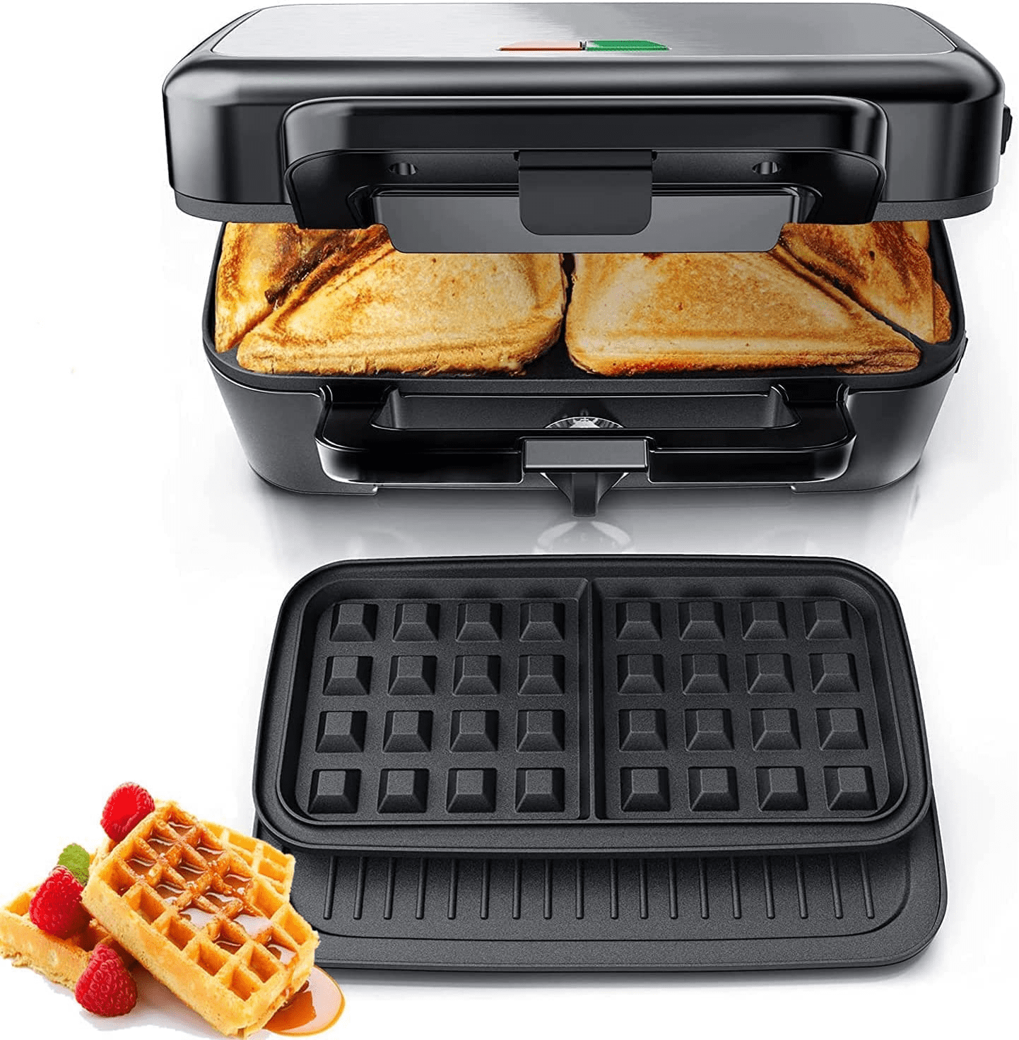 3-in-1 Sandwich Maker with Removable Plates, FOHERE Waffle and Panini Press Grill, 1200W, Black -
