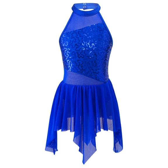 ZDHoor Girls Sequined Asymmetric Leotard Dress Lyrical Modern Contemporary Ballroom Dance Costumes Royal Blue 6