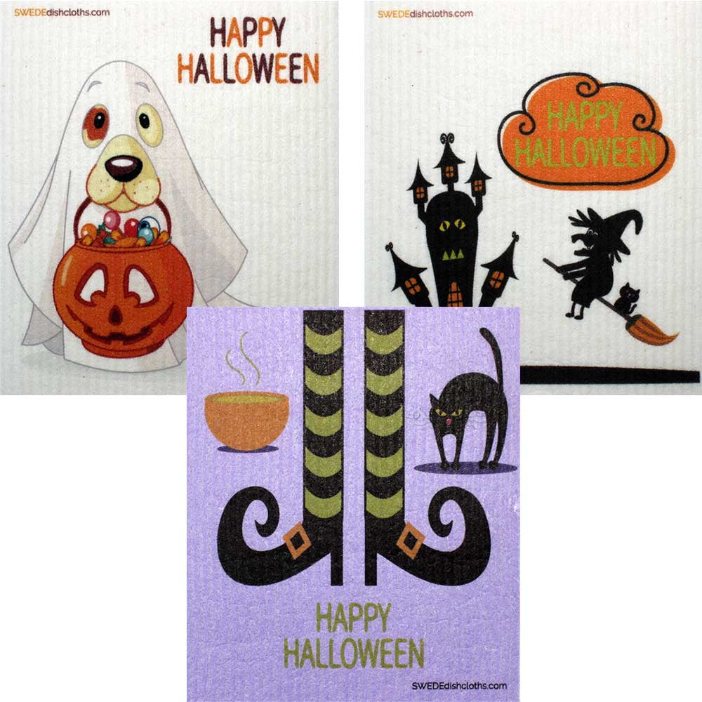 Mixed Halloween B Set of 3 Cloths Reusable Cleaning Wipes Swedish Dishcloths one of Each Design ECO Friendly Absorbent Cleaning Cloth