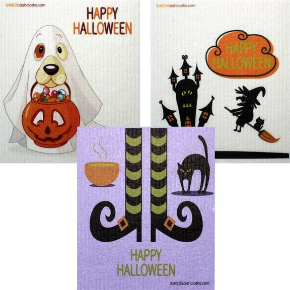 Swedish Dishcloths Mixed Halloween "B" Set of 3 each (One Of Each Design) | ECO Friendly Absorbent Cleaning Cloth | Reusable Cleaning Wipes