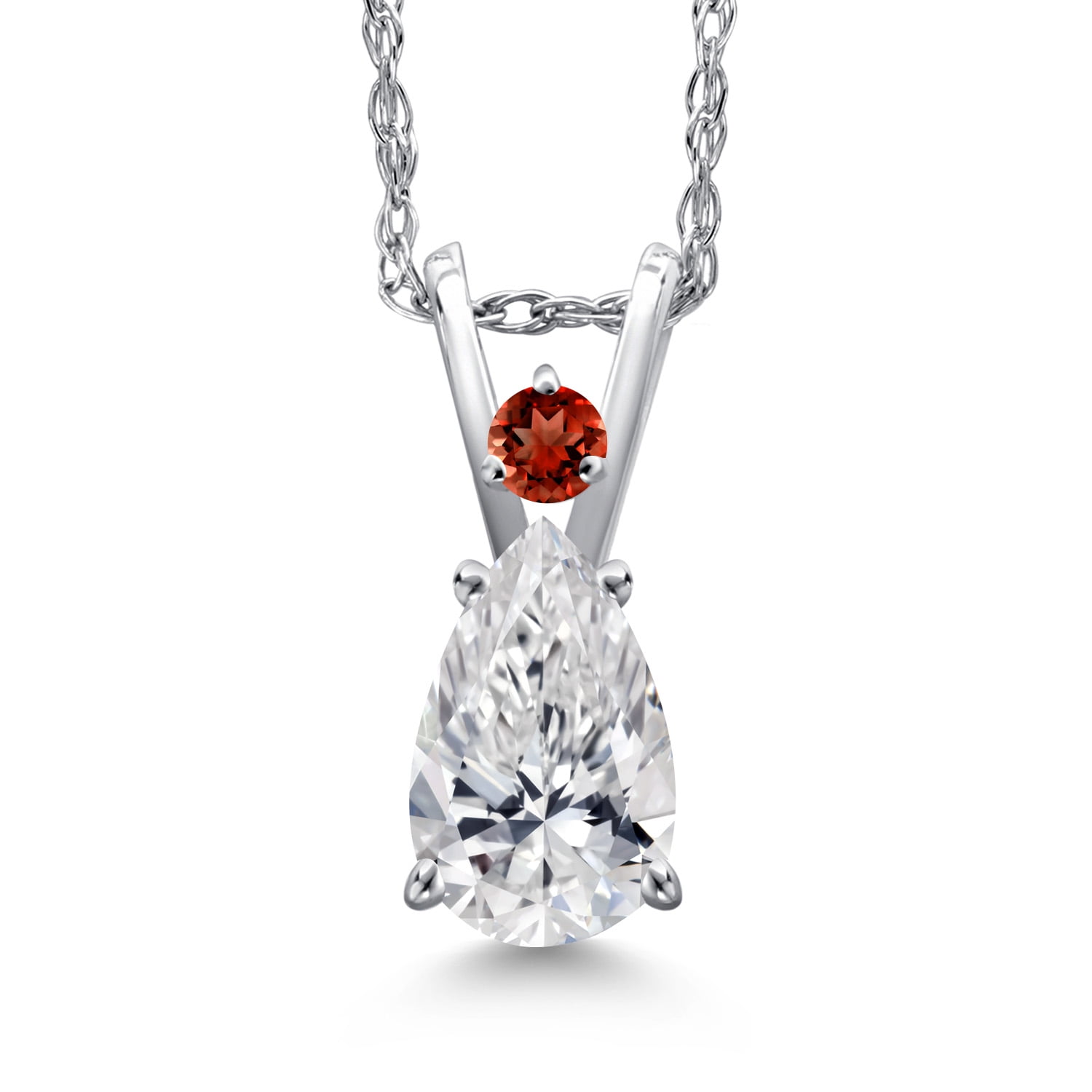 Gem Stone King 14K White Gold DEF Lab Grown Diamond and Red Garnet Pendant Necklace for Women | 0.57 Cttw | Gemstone April Birthstone | Pear Shape 7X5MM | With 18 inch Chain