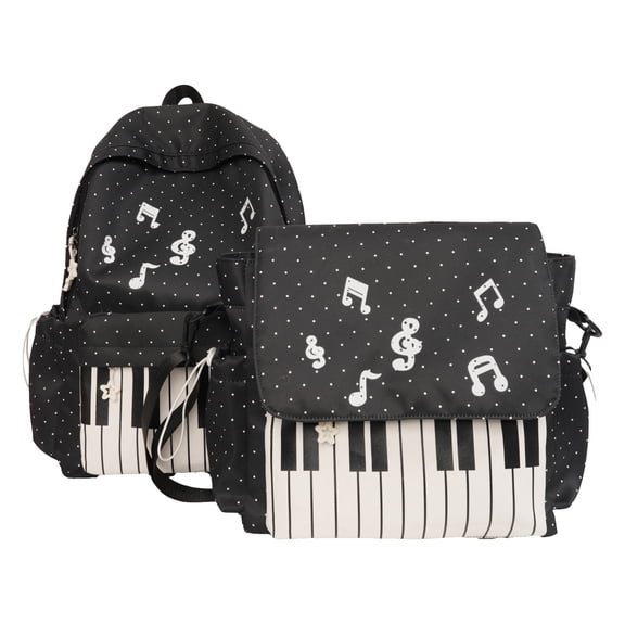Music Themed School Backpack, School Backpack Set with Shoulder Bag, Water Resistant Daypack for College Outdoor, Black