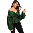 thumbnail image 4 of Blusa cruzada con cuello en V, manga larga y volantes para mujer, 4 of 4