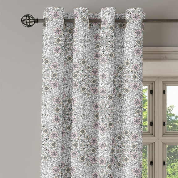 Ambesonne Ethnic Grommet Curtain Single Panel, Flower Swirls Doily Style, 50"x60", Pale Pink Pale Grey