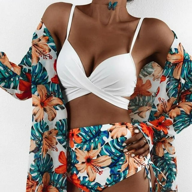 Bikini Trois Pièces Imprimé Taille Haute pour Femmes avec Maillot de Bain Split Cape en Mesh