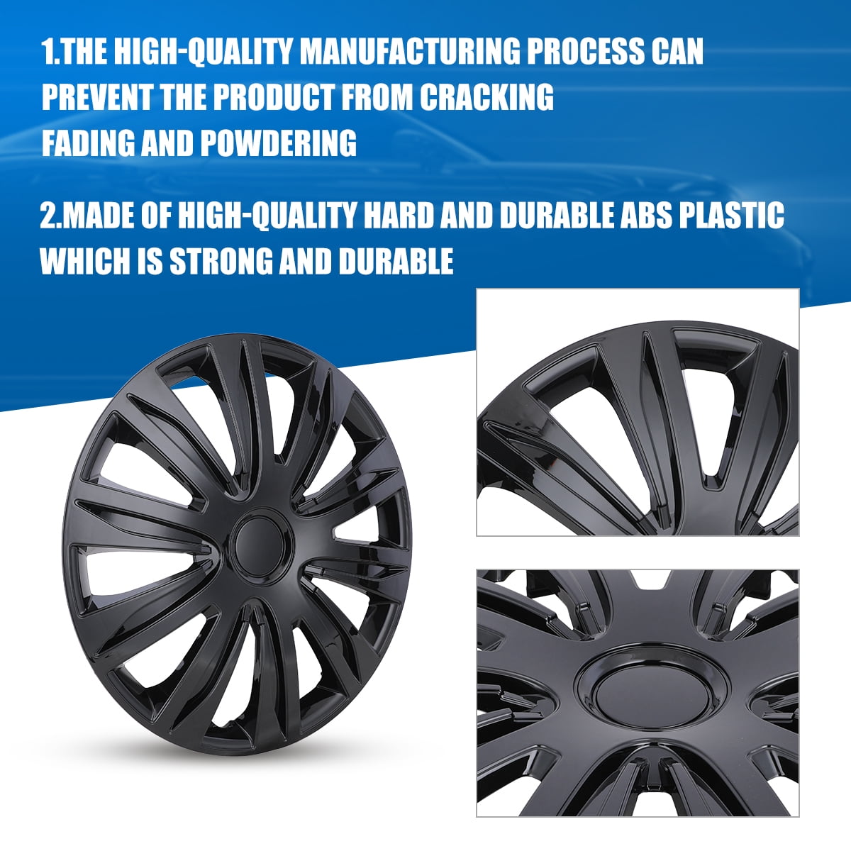 4Pcs Set 15 inch Universal Hubcaps,Wheel Covers Fit R15 Tire & Steel Rim,Snap on Car Truck SUV,ABS+PC Material,Black Lacquer