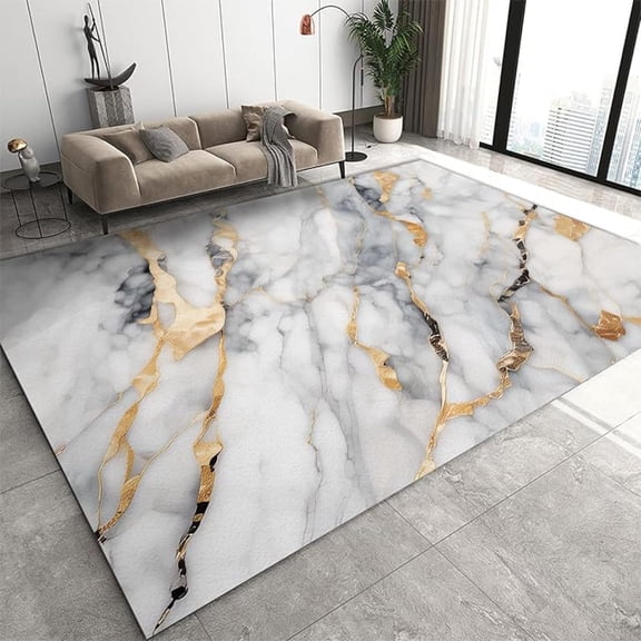 Modern Gray White Marble Area Rug, Gold Texture Home Decor Rug, Non Slip Low Pile Foldable Carpet For Living Room Bedroom Study Office Kitchen Dining Room Floor Mat 5x7ft