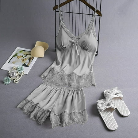 

fnhpitd Women V-Neck Eyelash Silk Lace Sexy Stain Camisole Pajamas Bowknot Shorts Set