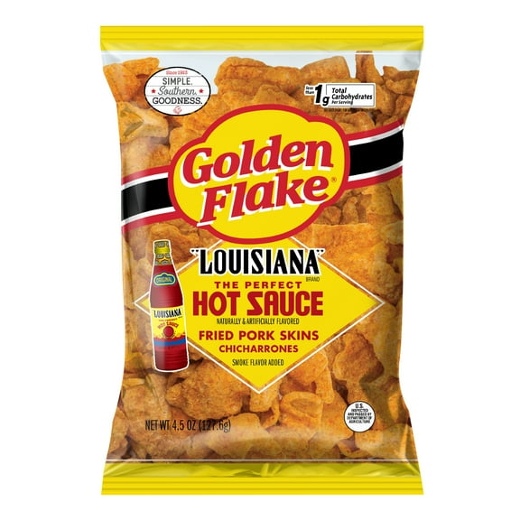 Golden Flake Louisiana Hot Sauce Fried Pork Skins, 4.5 oz Bag