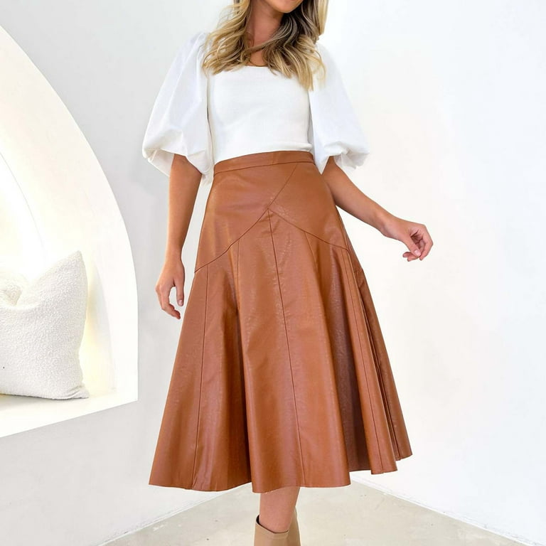 Zunfeo Leather Skirts for Women 2023 Pleated High Waisted Vintage Classic  Midi Sexy Flare Godet Skirts Party Skirts Brown 4