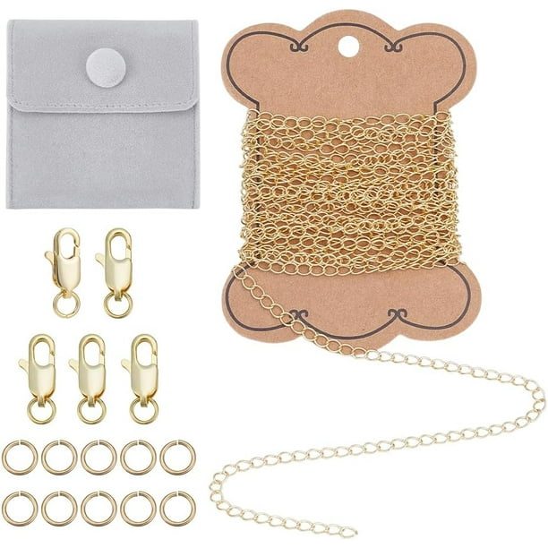 Kit para hacer joyas: 4,37 yardas de cadena de latón chapada en oro de 14 quilates, 5 cierres de mosquetón, 10 anillas, 1 bolsa de terciopelo para joyas