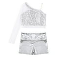 thumbnail image 3 of YONGHS Girls Jazz Hip Hop Dance Outfits Sequins One Shoulder Crop Top with Shorts Set Silver 8, 3 of 7