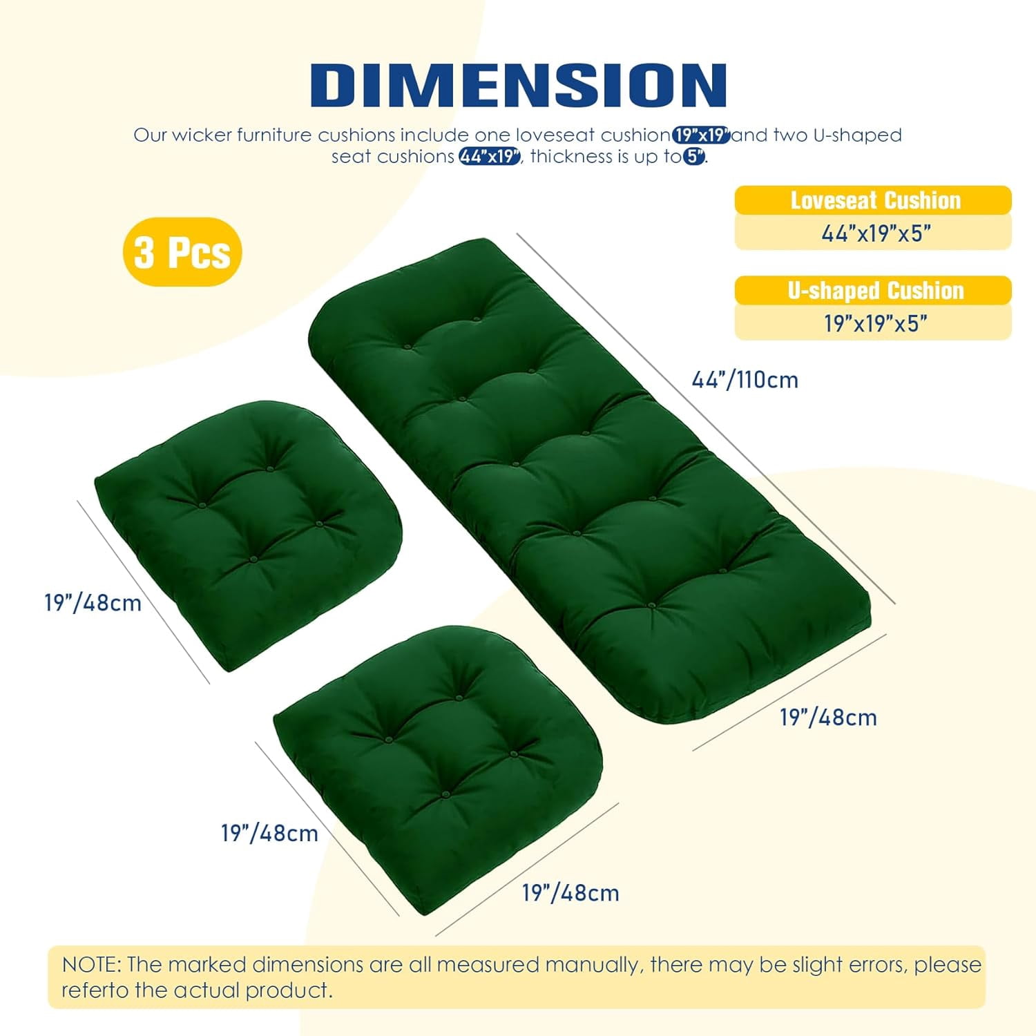 Wicker Chair Cushions Set of 3, Waterproof Outdoor Cushions Set for Patio Furniture, 1 Loveseat & 2 Seat Pads, Thick Outdoor Replacement Cushions for Porch Lawn Bench Couch Sofa, Emerald
