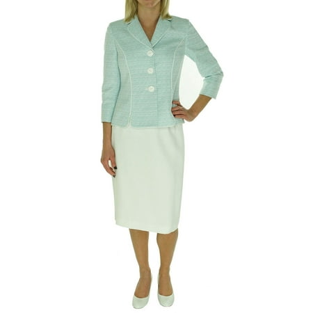 New 1179-2 Le Suit Womens Teal Blue White Textured Yacht Club Skirt Suit Set 8P $200