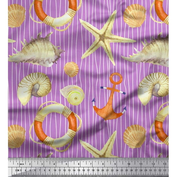 Soimoi Purple Silk Fabric Stripe,Seashell & Starfish Ocean Print Fabric by the Yard 42 Inch Wide