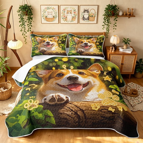 Manfei Corgi Dog Corgi Twin Quilt Set, Neon Doodle Twin Coverlet Set, Green Gold, 2pcs, 1 Bedspread and 1 Pillowcase