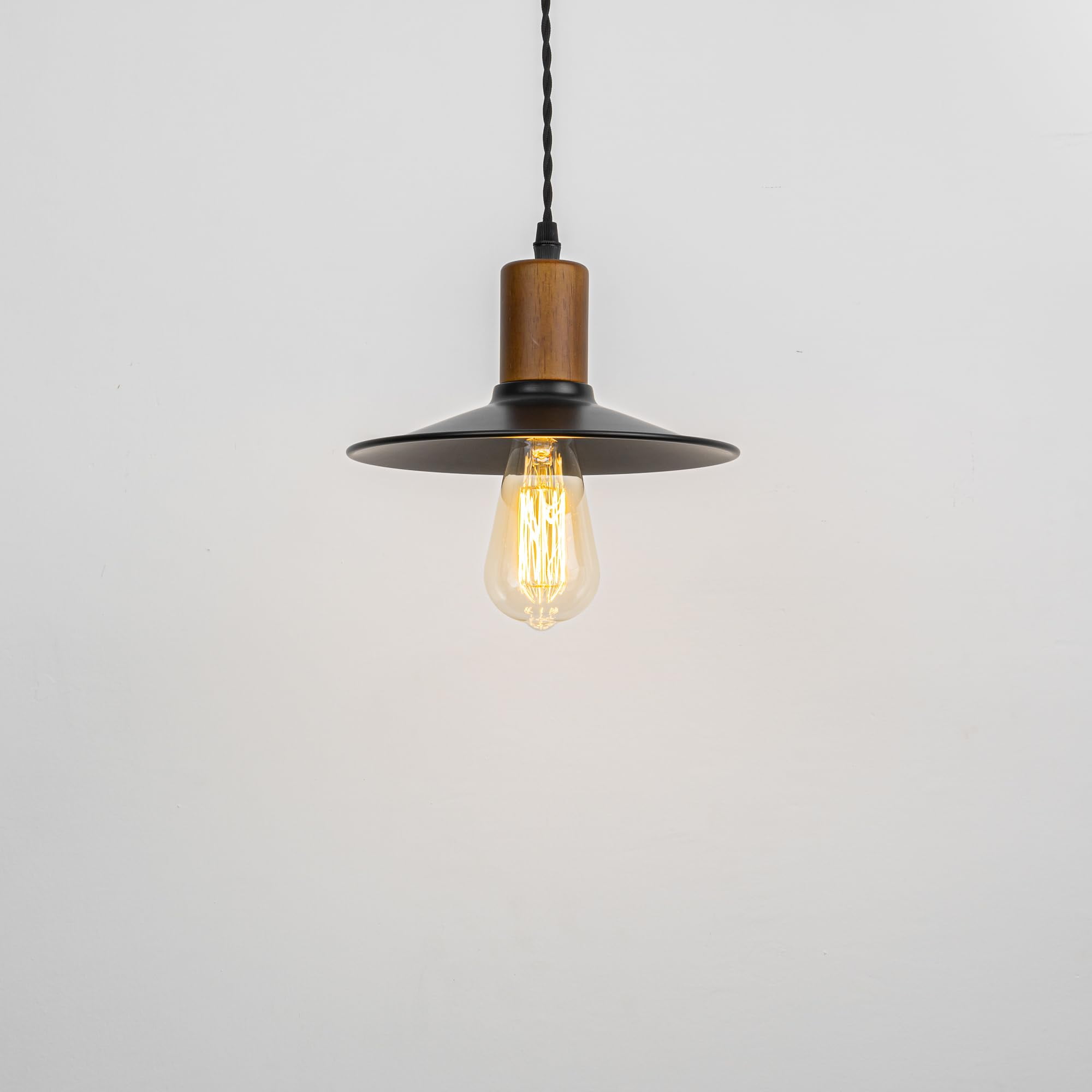 KAYYELAMP H-Type Track Lighting Set 1 Track Rail with Plug Outlet Cable, 1 Track Pendant 3.2 Ft Adjusted Cord Wood Black Metal Shade Vintage Design for Kitchen Loft(No Bulb)
