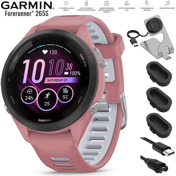Garmin 010-02810-05 Forerunner 265S GPS Smartwatch Light Pink/Whitestone Bundle with Deco Essentials Charging Dock, Silicone Dust Cover 3 Pack and USB Type C Charging Cable