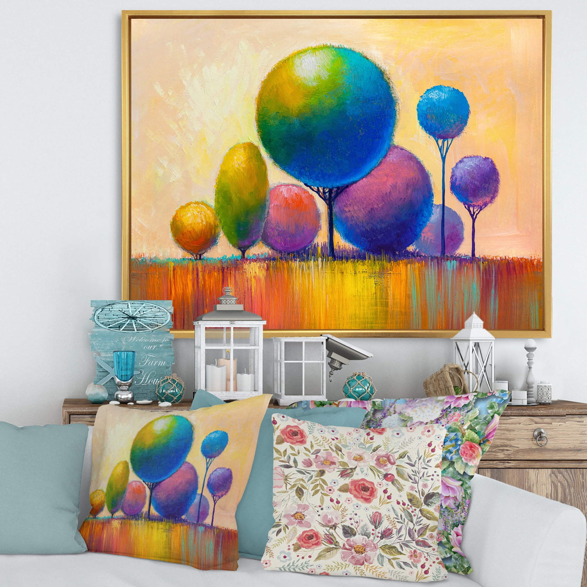 Designart 'Ornamental Colourful Trees VIII' Modern Framed Canvas Wall Art Print