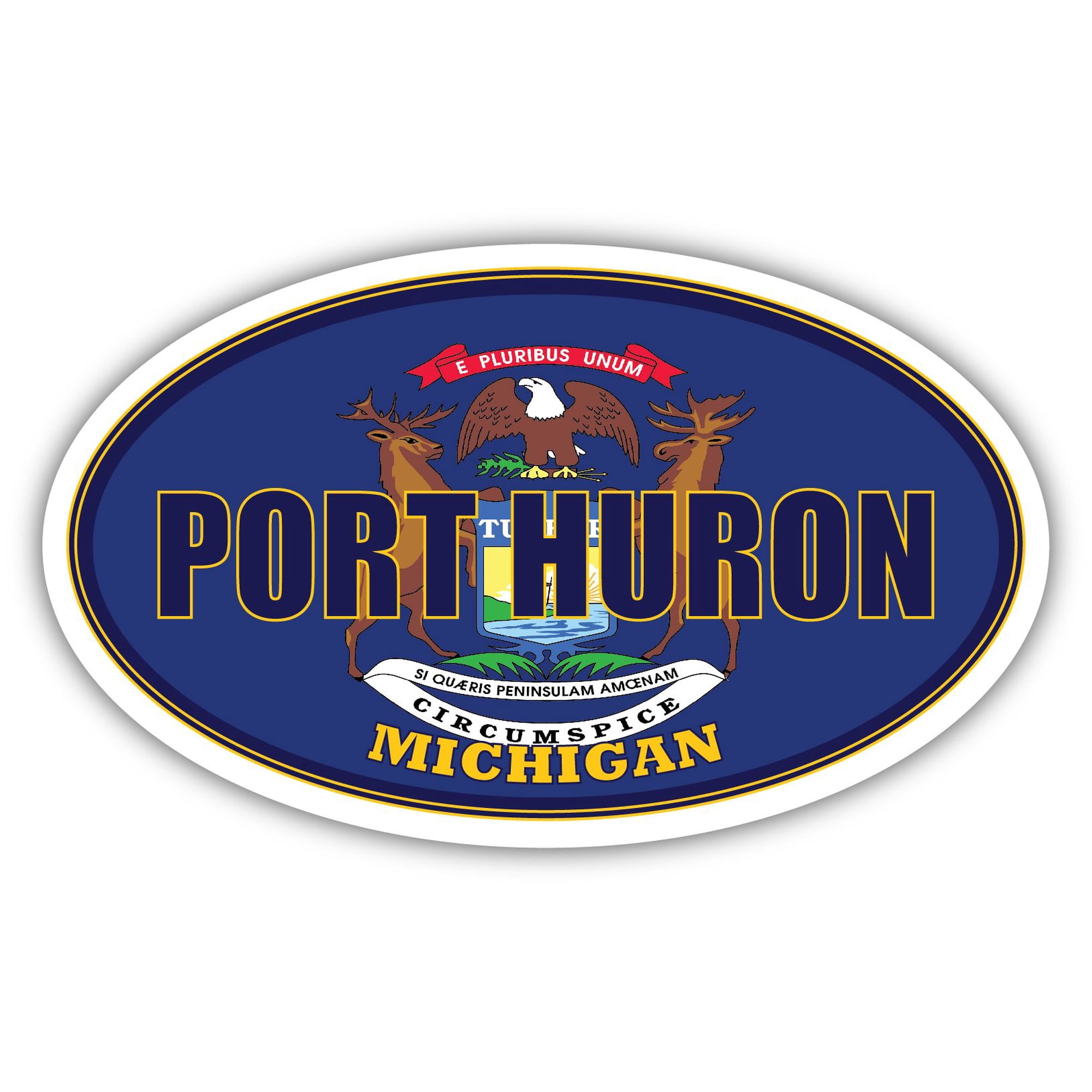 Port Huron City Michigan State Flag | MI Flag St. Clair County Oval State Colors Bumper Sticker Car Decal 3x5 inches