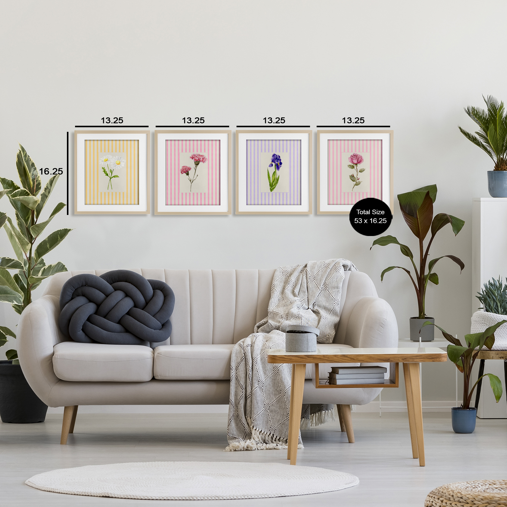 Cottage Stripe Sprigs 4 Piece Birch Framed Print Under Glass Set, design by Lisa Wehmeyer