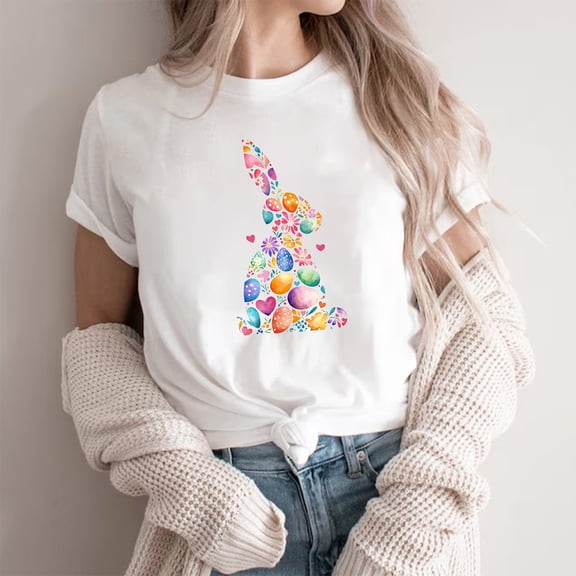 Cavosen Happy Easter Cute Womens Tops Short Sleeve Summer Bunny Eggs Print Pullover Shirts Crewneck Holiday Blouse Vacation Festival Tee Shirts Casual Dressy Trendy T Shirts L