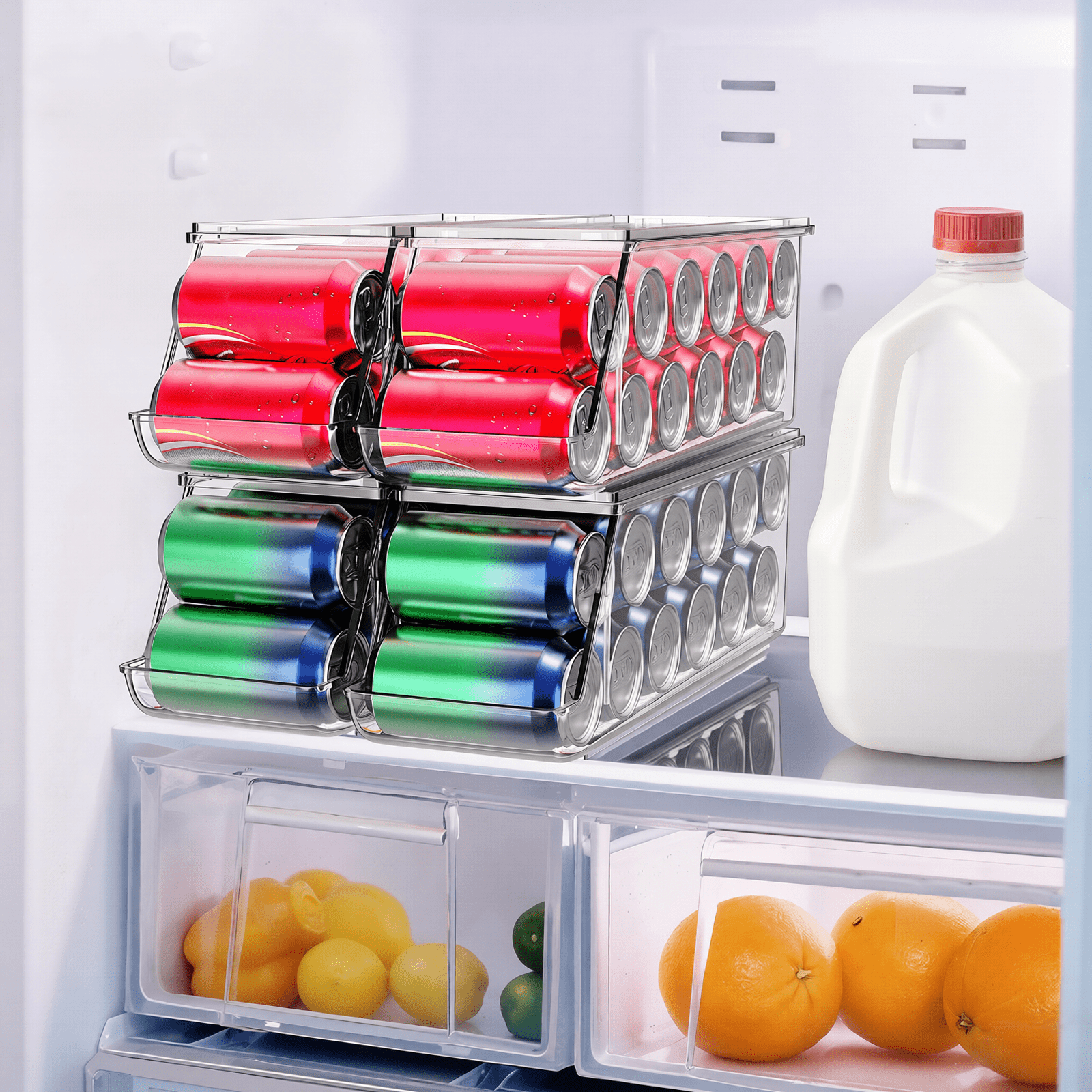 4 Pack Soda Can Organizer, Clear Refrigerator Organizer with Lids, Stackable Organizers for Pantry, Freezer, Kitchen – Holds 48 Cans