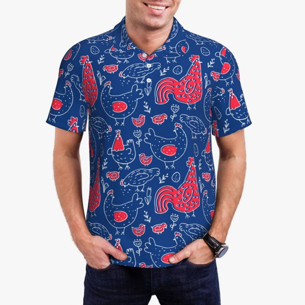 Fotbe Chicken and Rooster Camiseta Polo de Golf para Hombre con Estampado – Camisa Deportiva Transpirable con Cuello Abotonado-X-Large