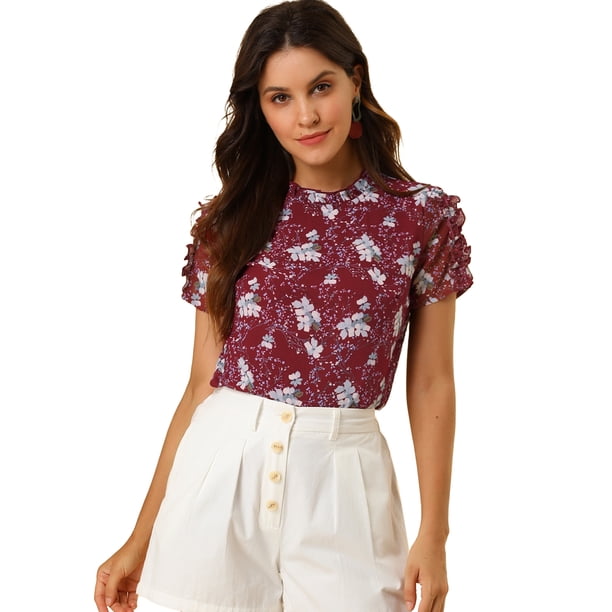 Blusa floral de Gasa Allegra K con Ojo de Cerradura en la Espalda de manga Corta con volantes rojo S